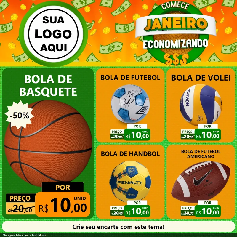 Modelo de Rede Social para Feed Facebook com o tema Comece Janeiro Economizando para Artigos Esportivos