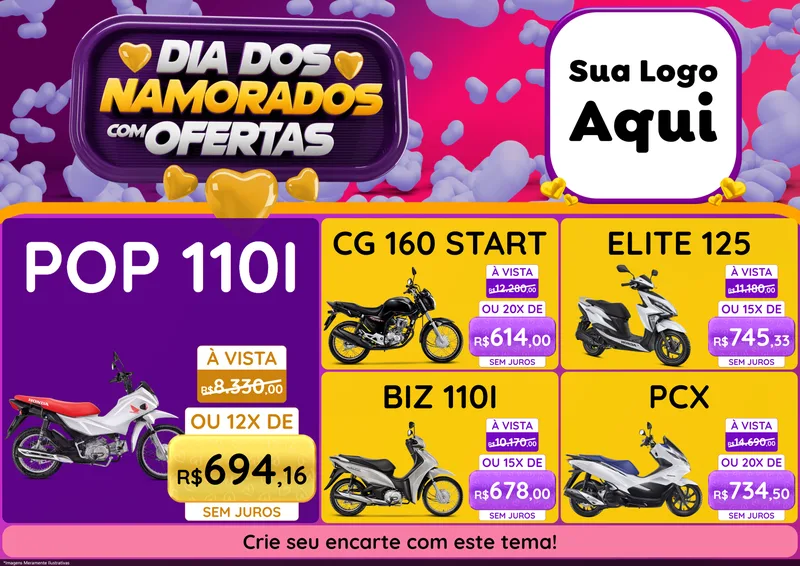 Modelo de Encarte para Encarte A4 Horizontal com o tema Dia Dos Namorados Com Ofertas para Concessionaria de Motos