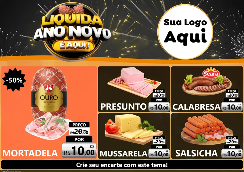 Modelo de Encarte para Encarte A4 Horizontal com o tema Liquida Ano Novo É Aqui! para Frios e Laticínios