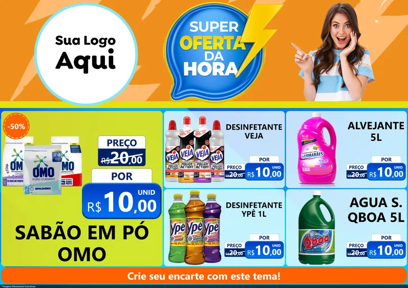 Modelo de Encarte para Encarte A4 Horizontal com o tema Super Oferta da Hora para Produtos de Limpeza