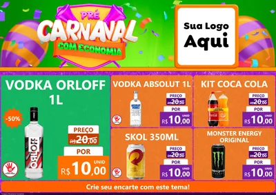 Modelo de Encarte para Encarte A4 Horizontal com o tema Pré-Carnaval Com Economia para Distribuidora de bebidas