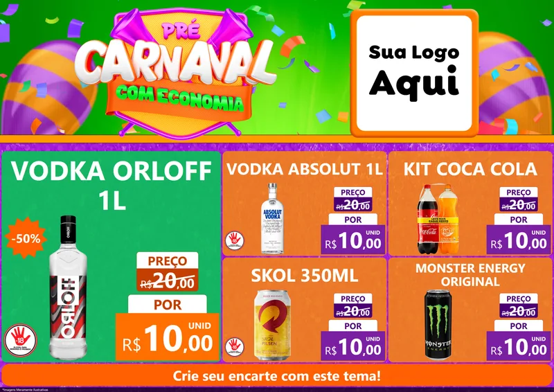 Modelo de Encarte para Encarte A4 Horizontal com o tema Pré-Carnaval Com Economia para Distribuidora de bebidas
