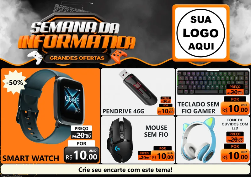 Modelo de Encarte para Encarte A4 Horizontal com o tema Semana da Informática - Grandes Ofertas para Informática