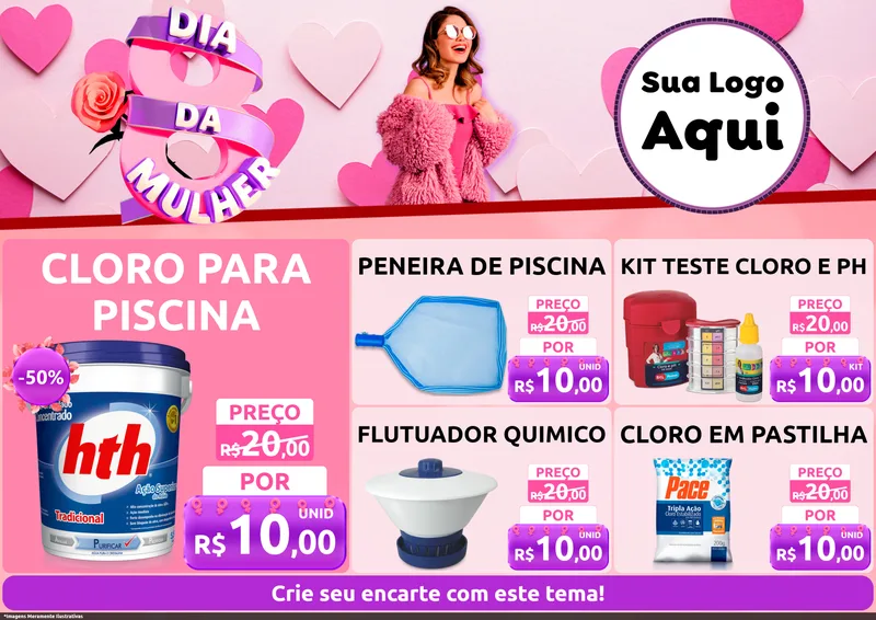 Modelo de Encarte para Encarte A4 Horizontal com o tema Dia da Mulher para Produtos para Piscina