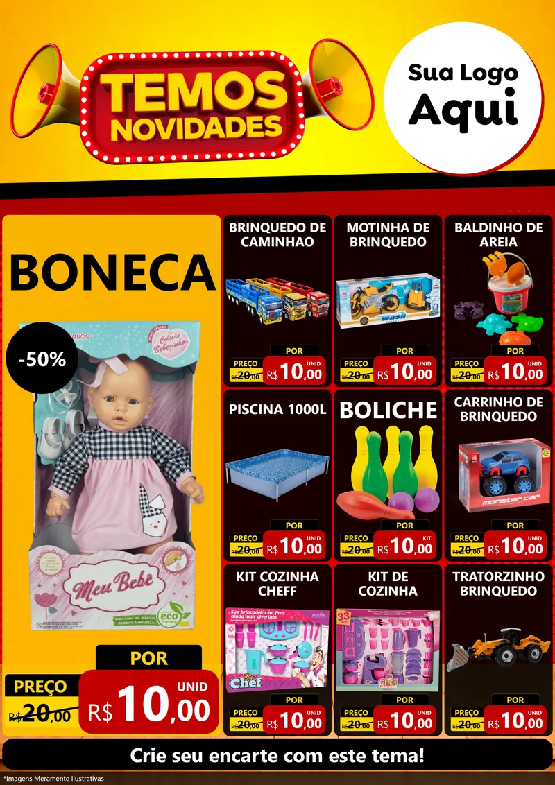 Modelo de Encarte para Encarte A4 Vertical com o tema Temos Novidades para Brinquedos