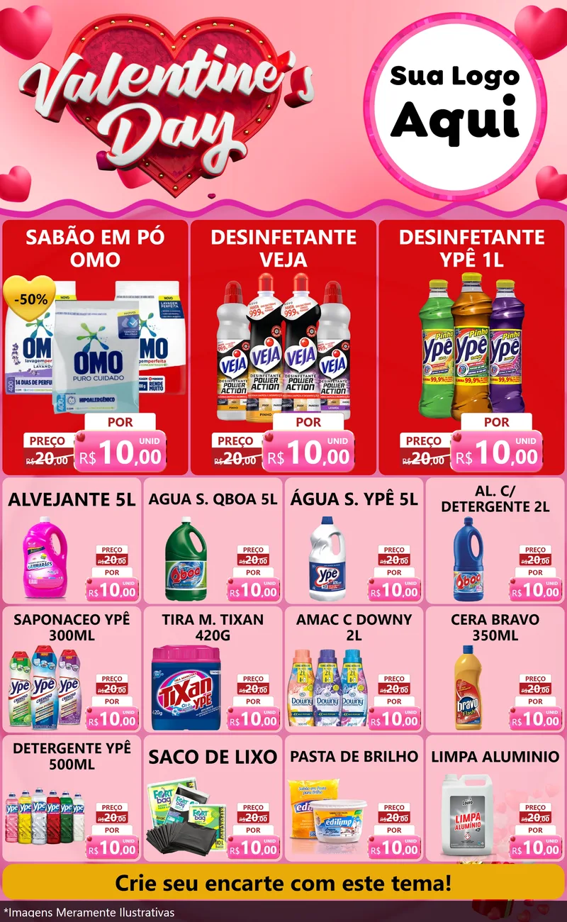 Modelo de Encarte para Encarte Grande com o tema Valentine's Day para Produtos de Limpeza