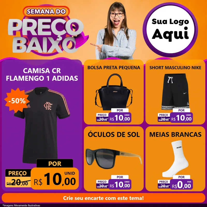 Modelo de Rede Social para Feed Facebook com o tema Semana do Preço Baixo para Roupas e acessórios