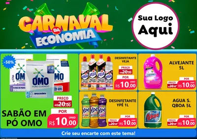 Modelo de Encarte para Encarte A4 Horizontal com o tema Carnaval da Economia para Produtos de Limpeza