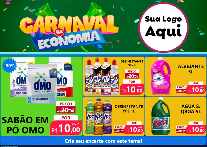 Modelo de Encarte para Encarte A4 Horizontal com o tema Carnaval da Economia para Produtos de Limpeza
