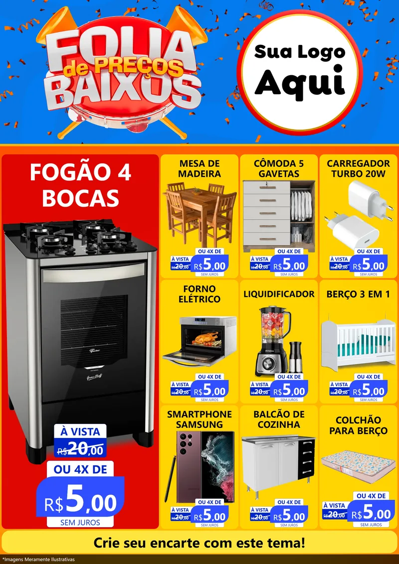Modelo de Encarte para Encarte A4 Vertical com o tema Folia de Preços Baixos para Móveis e Eletro