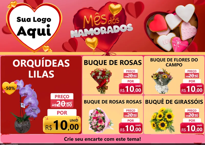 Modelo de Encarte para Encarte A4 Horizontal com o tema Mês dos Namorados para Floricultura e jardim