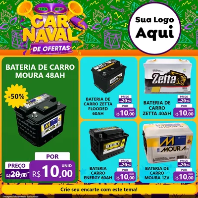 Modelo de Rede Social para Feed Facebook com o tema Carnaval de Ofertas para Baterias Elétricas