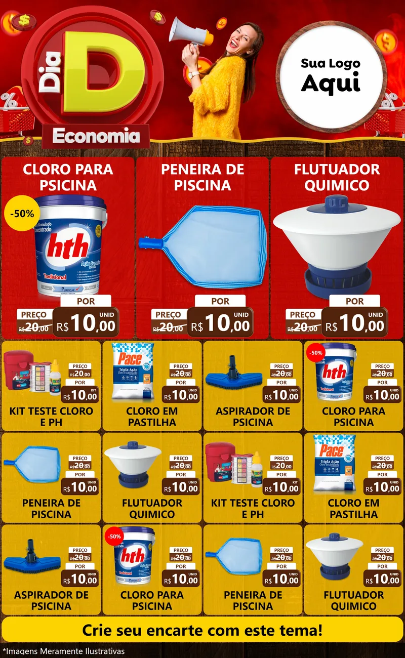 Modelo de Encarte para Encarte Grande com o tema Dia D Economia para Produtos para Piscina