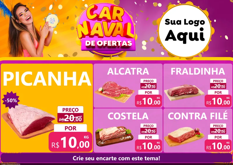 Modelo de Encarte para Encarte A4 Horizontal com o tema Carnaval de Ofertas para Açougue