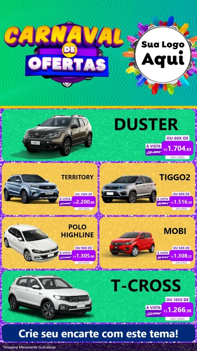 Modelo de TV para TV Vertical com o tema Carnaval de Ofertas para Concessionaria de Carros