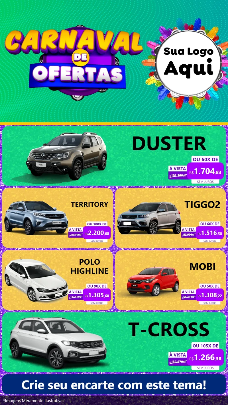 Modelo de TV para TV Vertical com o tema Carnaval de Ofertas para Concessionaria de Carros