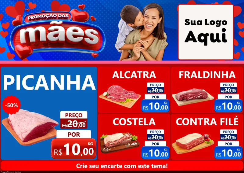 Modelo de Encarte para Encarte A4 Horizontal com o tema Promoção das Mães para Açougue