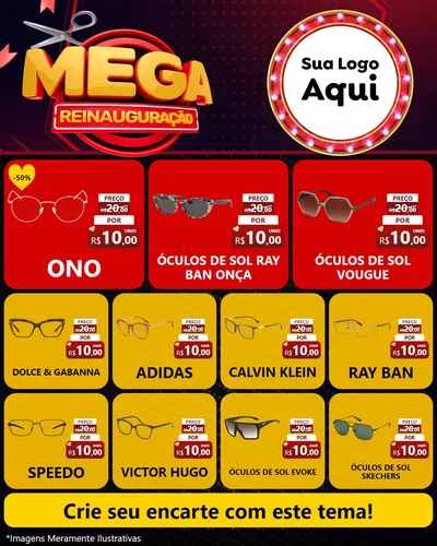 Modelo de Rede Social para Feed Instagram com o tema Mega Reinauguração para Óticas
