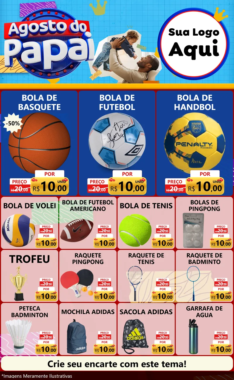 Modelo de Encarte para Encarte Grande com o tema Agosto do Papai para Artigos Esportivos