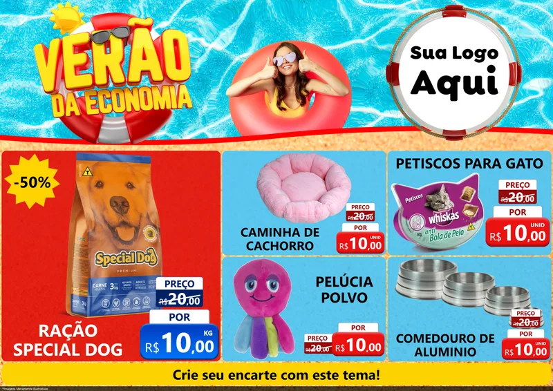 Modelo de Encarte para Encarte A4 Horizontal com o tema Verão da Economia para Pet Shop