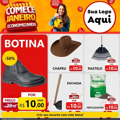 Modelo de Rede Social para Feed Facebook com o tema Comece Janeiro Economizando para Agropecuária