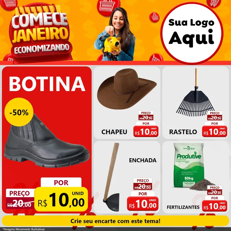 Modelo de Rede Social para Feed Facebook com o tema Comece Janeiro Economizando para Agropecuária
