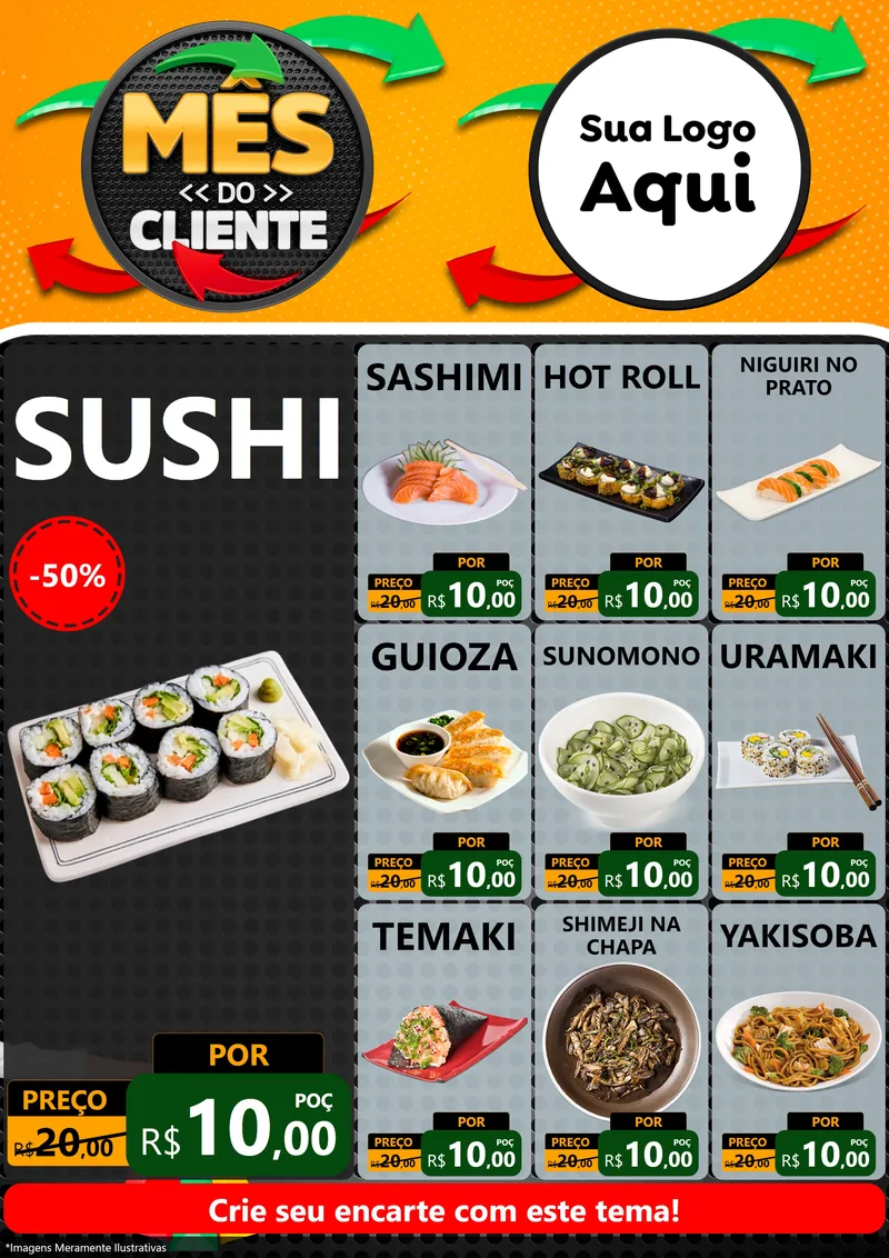 Modelo de Encarte para Encarte A4 Vertical com o tema Mês do Cliente para Comida japonesa