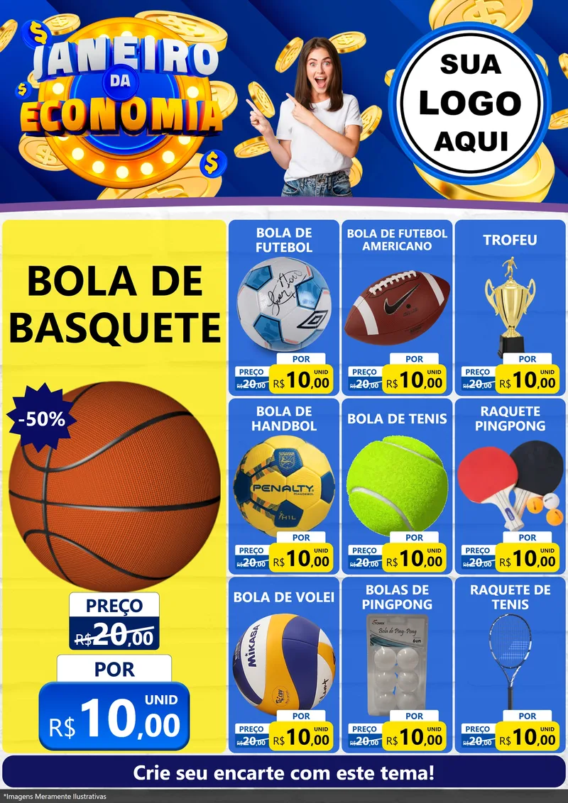 Modelo de Encarte para Encarte A4 Vertical com o tema Janeiro da Economia para Artigos Esportivos