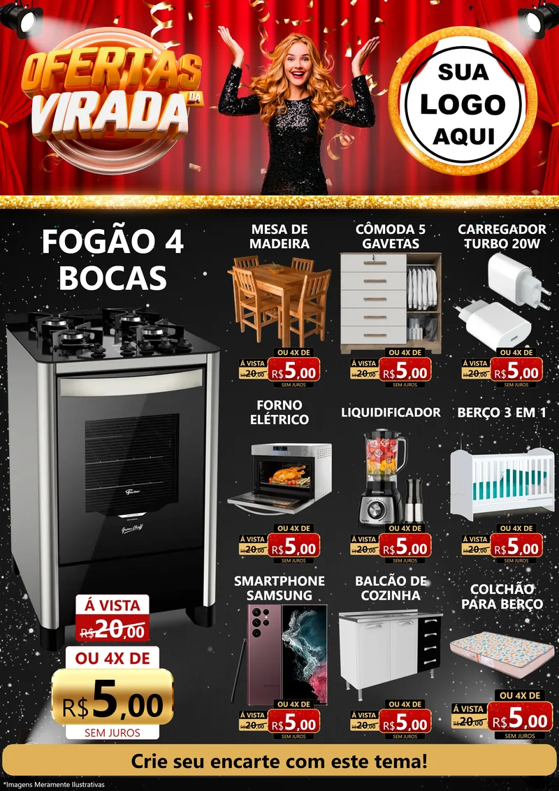 Modelo de Encarte para Encarte A4 Vertical com o tema Ofertas da Virada para Móveis e Eletro