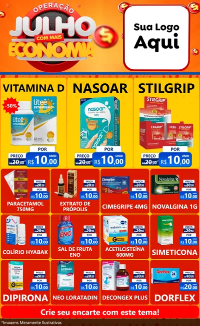 Modelo de Encarte para Encarte Grande com o tema Operação Julho Com Mais Economia para Farmácia