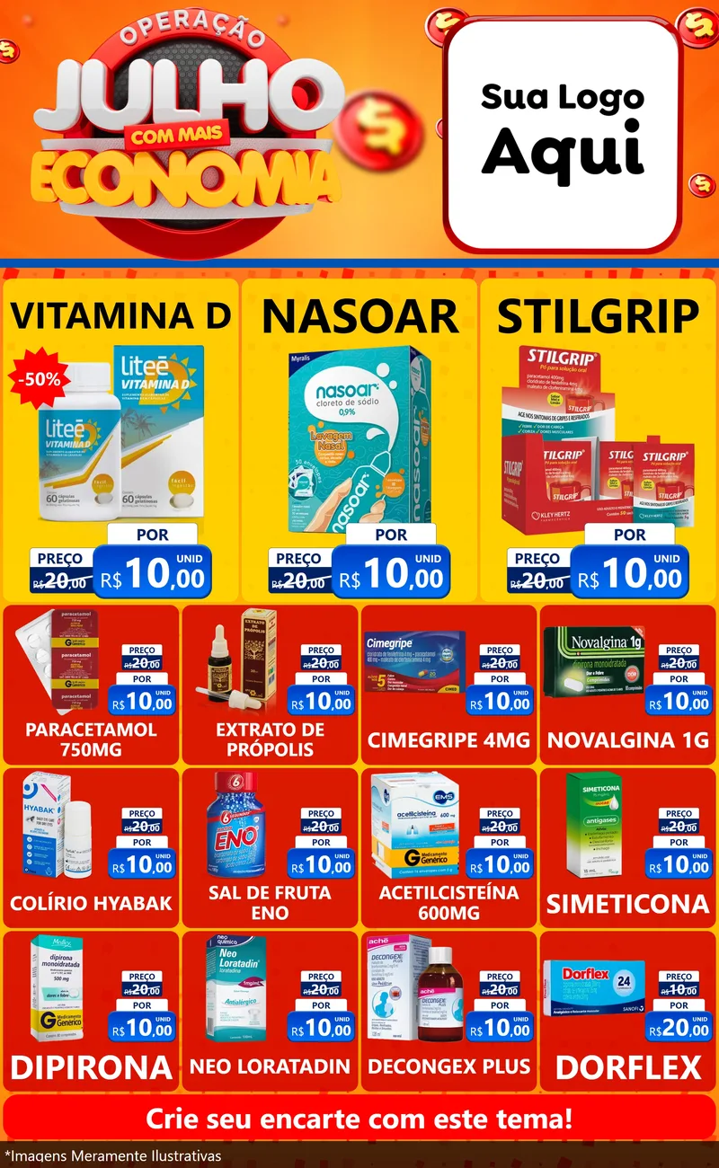 Modelo de Encarte para Encarte Grande com o tema Operação Julho Com Mais Economia para Farmácia