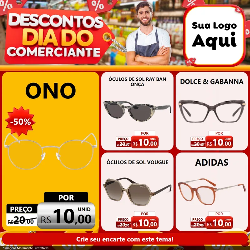 Modelo de Rede Social para Feed Facebook com o tema Descontos Dia do Comerciante para Óticas