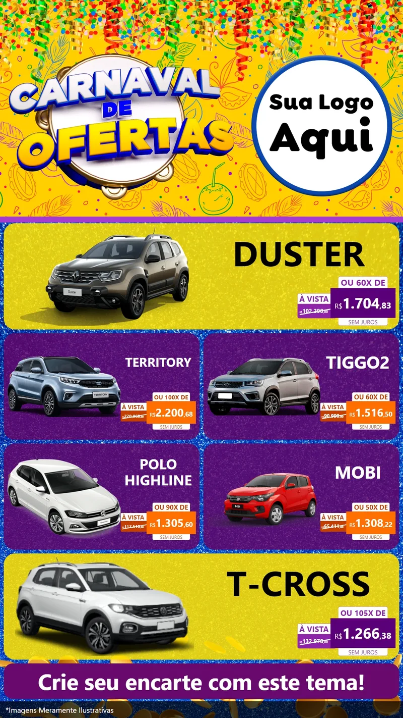 Modelo de TV para TV Vertical com o tema Carnaval de Ofertas para Concessionaria de Carros