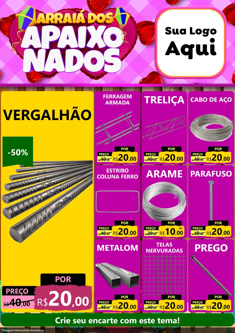 Modelo de Encarte para Encarte A4 Vertical com o tema Arraiá dos Apaixonados para Ferragens