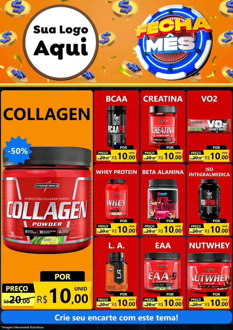 Modelo de Encarte para Encarte A4 Vertical com o tema Fecha Mês para Suplementos alimentares