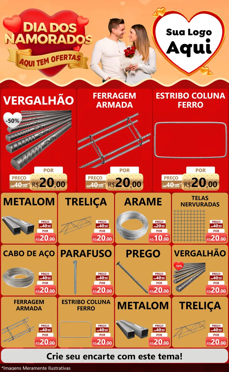 Modelo de Encarte para Encarte Grande com o tema Dia dos Namorados - Aqui Tem Ofertas para Ferragens