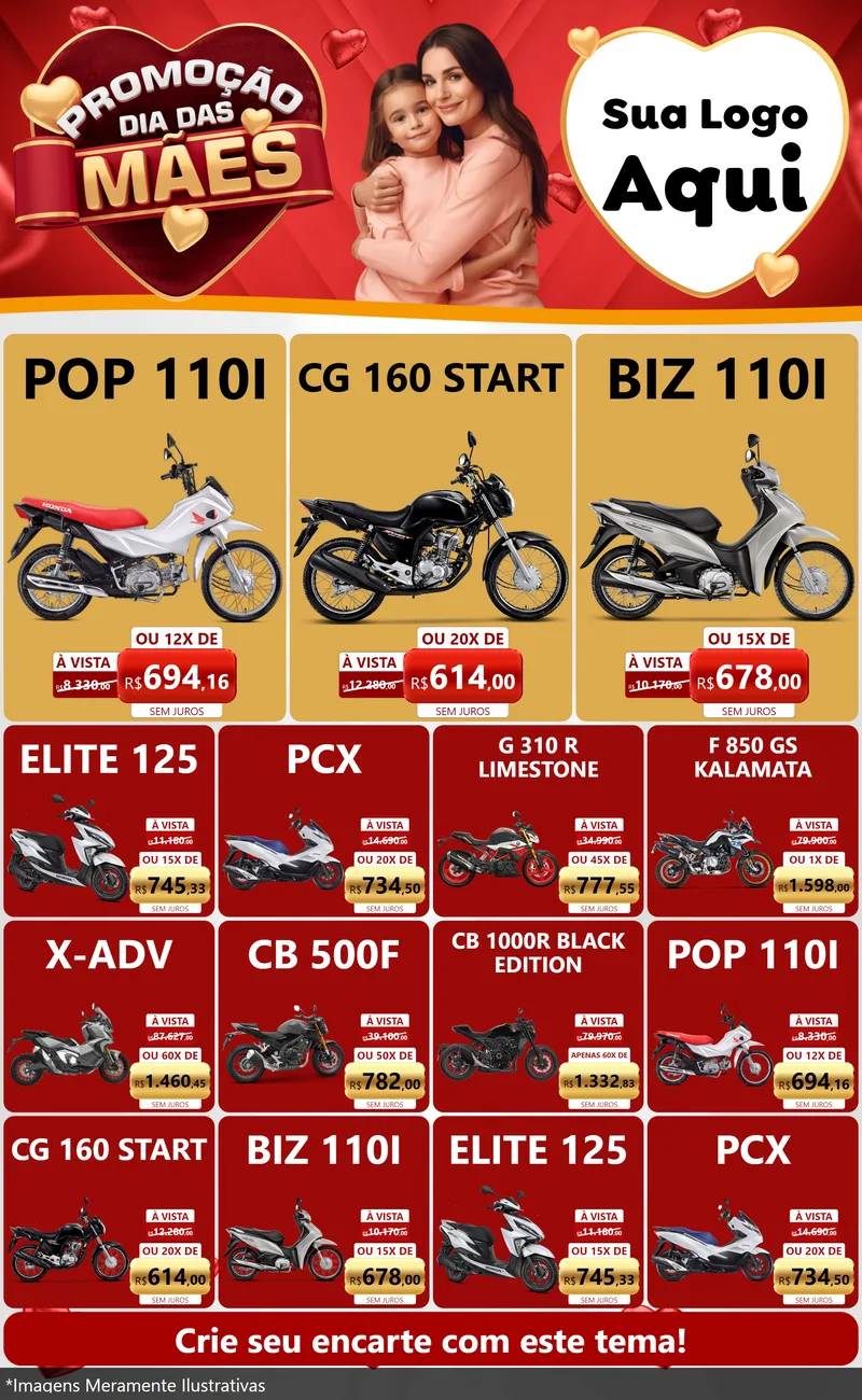 Modelo de Encarte para Encarte Grande com o tema Promoção Dia das Mães para Concessionaria de Motos
