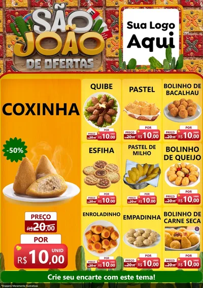 Modelo de Encarte para Encarte A4 Vertical com o tema São João de Muitas Ofertas - Junina para Salgadaria