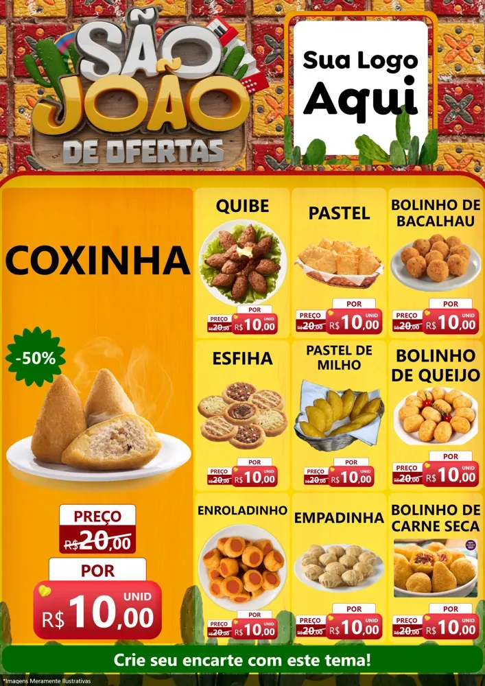 Modelo de Encarte para Encarte A4 Vertical com o tema São João de Muitas Ofertas - Junina para Salgadaria