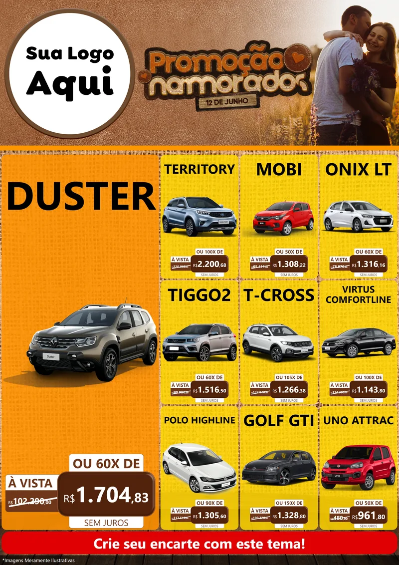 Modelo de Encarte para Encarte A4 Vertical com o tema Promoção Namorados para Concessionaria de Carros