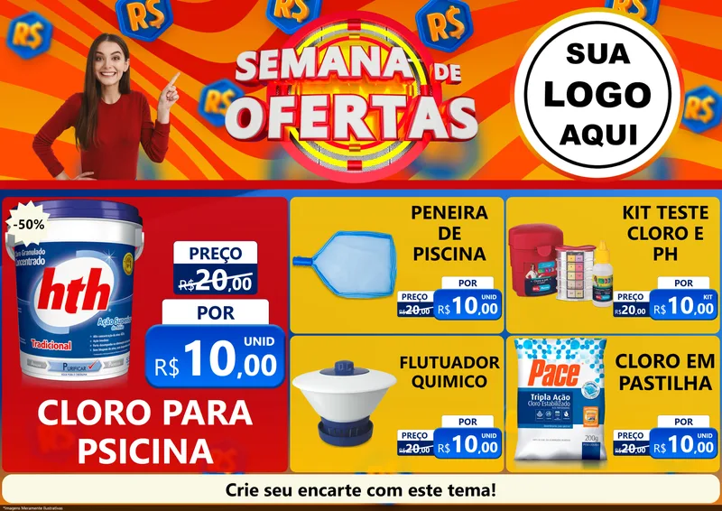 Modelo de Encarte para Encarte A4 Horizontal com o tema Semana de Ofertas para Produtos para Piscina