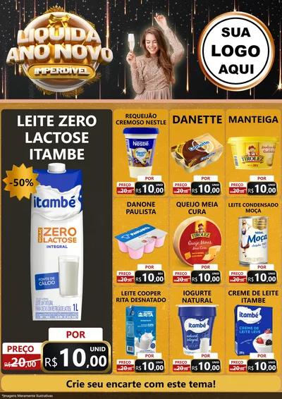 Modelo de Encarte para Encarte A4 Vertical com o tema Liquida Ano Novo Imperdível para Frios e Laticínios