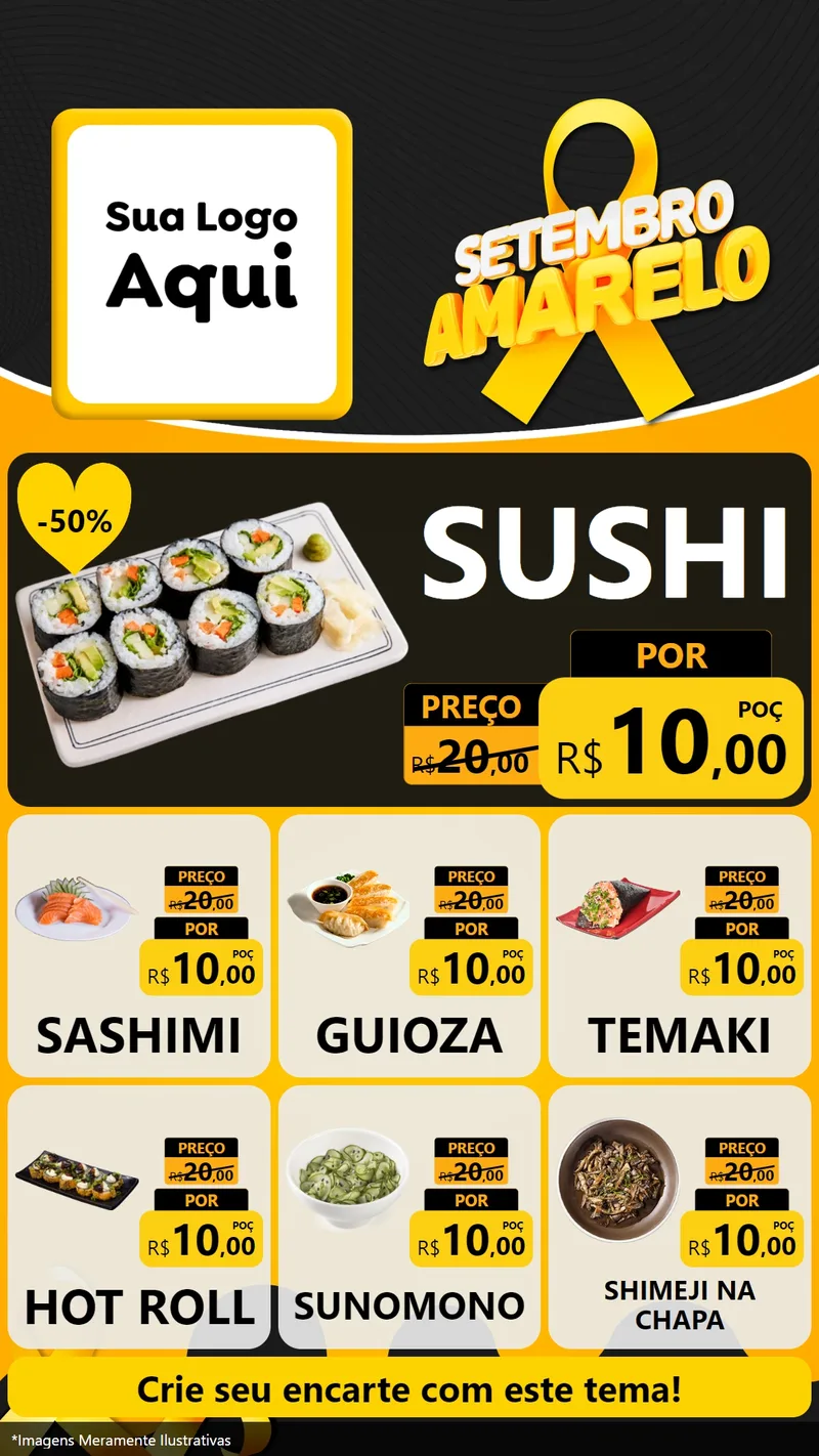 Modelo de Rede Social para Stories com o tema Setembro Amarelo para Comida japonesa