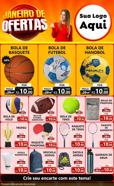 Modelo de Encarte para Encarte Grande com o tema Janeiro de Ofertas para Artigos Esportivos