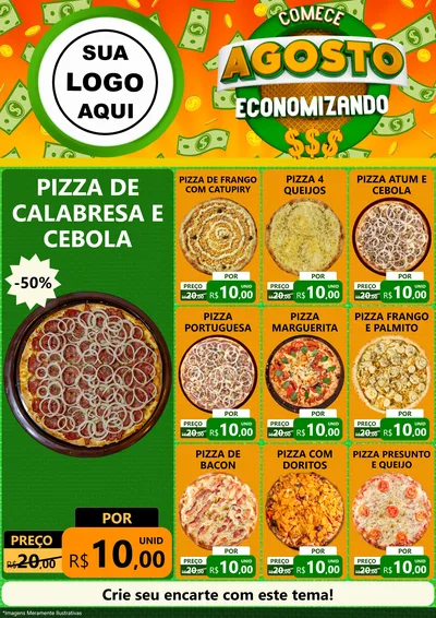 Modelo de Encarte para Encarte A4 Vertical com o tema Comece Agosto Economizando para Pizzaria
