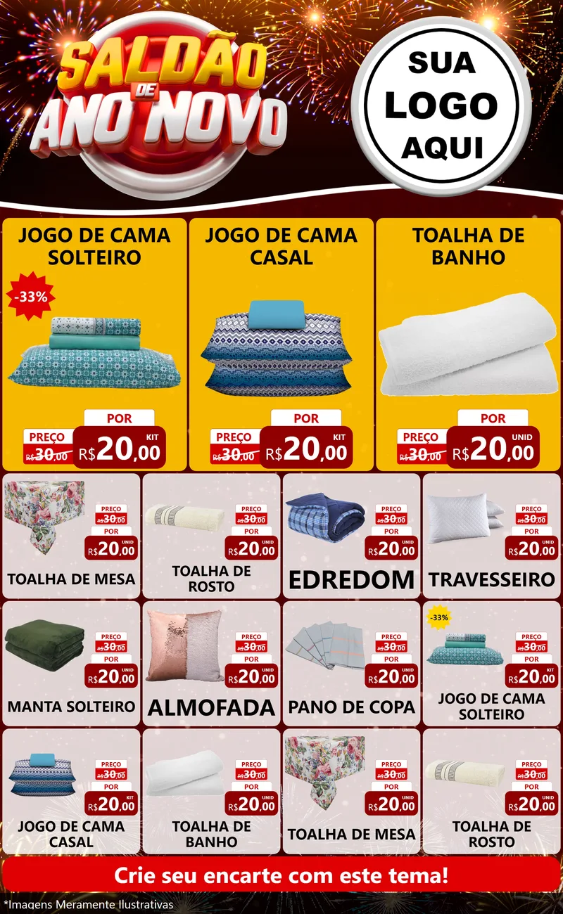 Modelo de Encarte para Encarte Grande com o tema Saldão de Ano Novo para Cama, Mesa e Banho