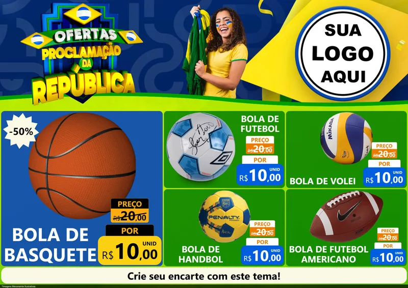 Modelo de Encarte para Encarte A4 Horizontal com o tema Ofertas Proclamação da República para Artigos Esportivos