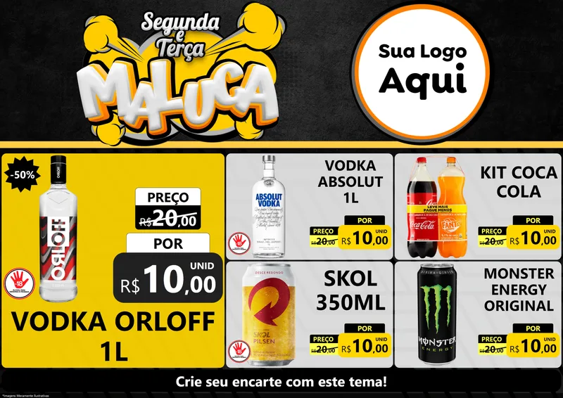 Modelo de Encarte para Encarte A4 Horizontal com o tema Segunda e Terça Maluca para Distribuidora de bebidas
