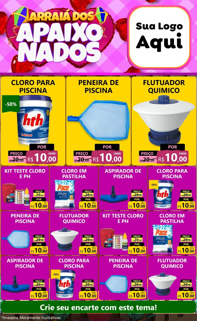 Modelo de Encarte para Encarte Grande com o tema Arraiá dos Apaixonados para Produtos para Piscina