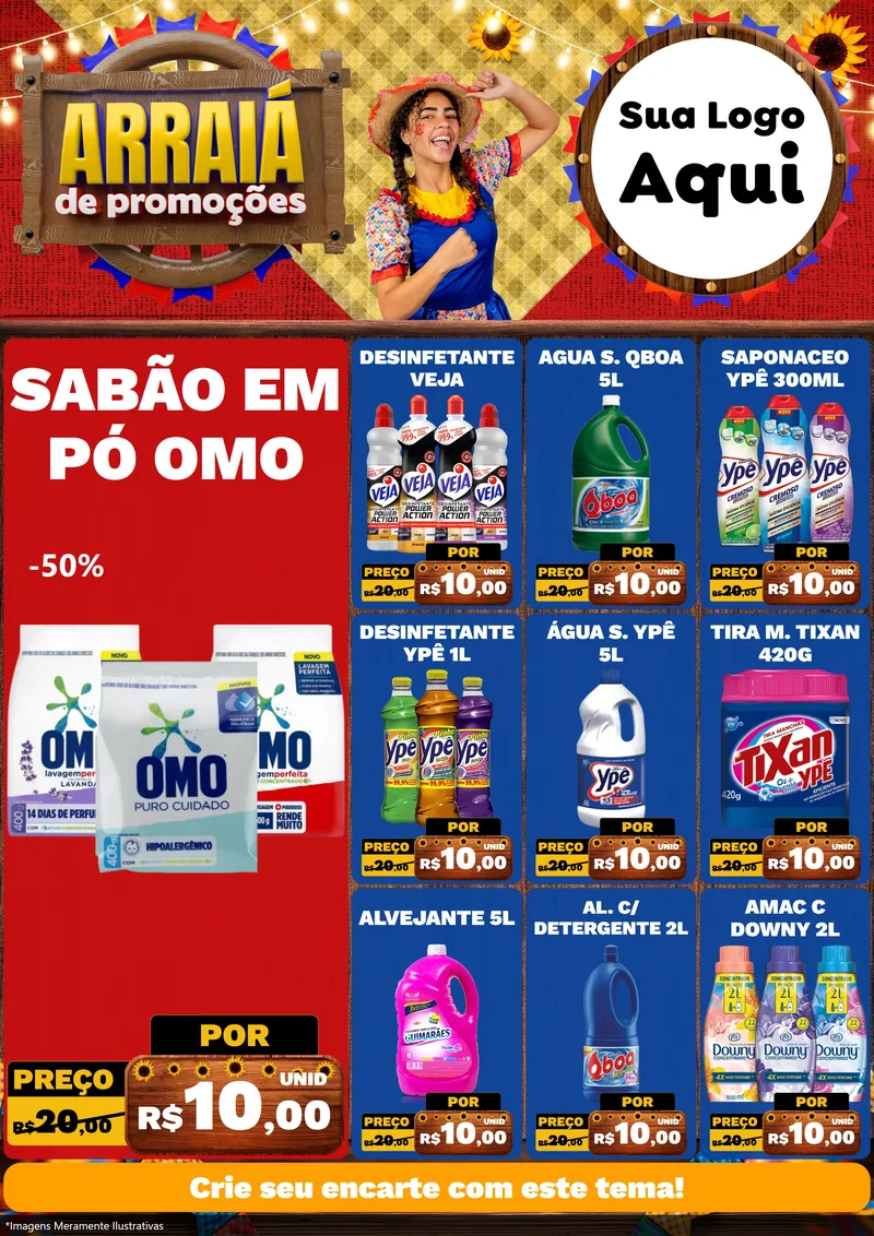 Modelo de Encarte para Encarte A4 Vertical com o tema Arraiá de Promoções para Produtos de Limpeza